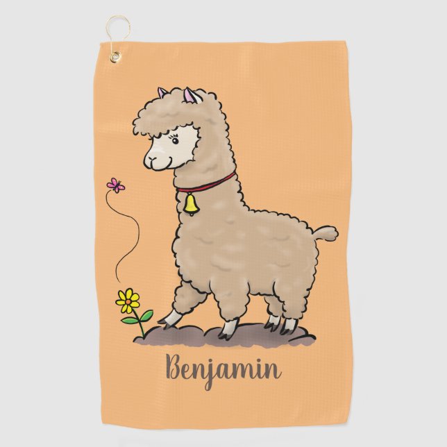 Cute happy alpaca with butterfly cartoon  golf towel (Front)