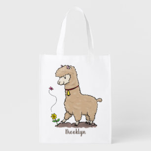 Cute happy alpaca with butterfly cartoon grocery bag