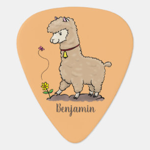 Cute happy alpaca with butterfly cartoon guitar pick