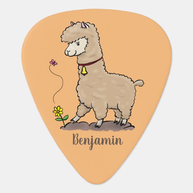 Cute happy alpaca with butterfly cartoon guitar pick (Front)