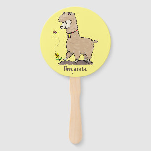 Cute happy alpaca with butterfly cartoon hand fan