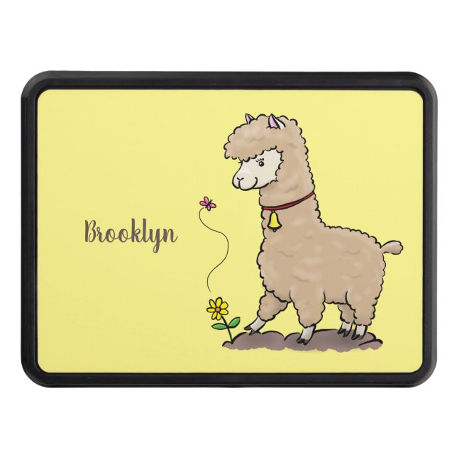 Cute happy alpaca with butterfly cartoon hitch cover (Front)