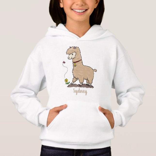 Cute happy alpaca with butterfly cartoon hoodie (Front)