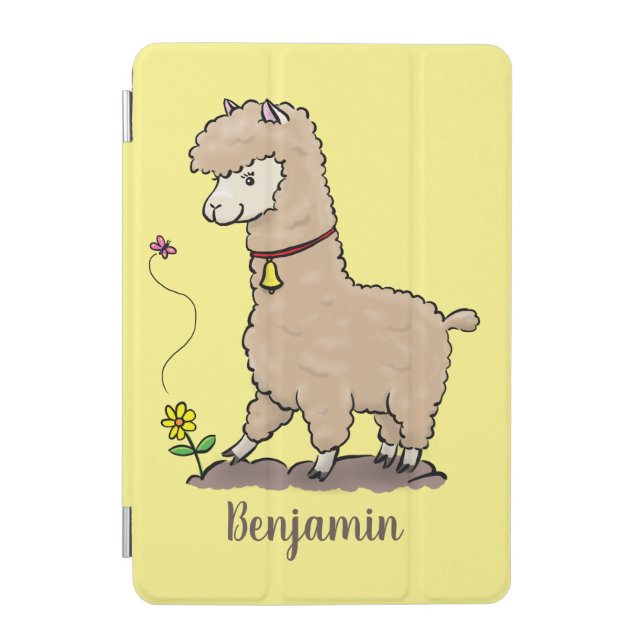 Cute happy alpaca with butterfly cartoon iPad mini cover (Front)