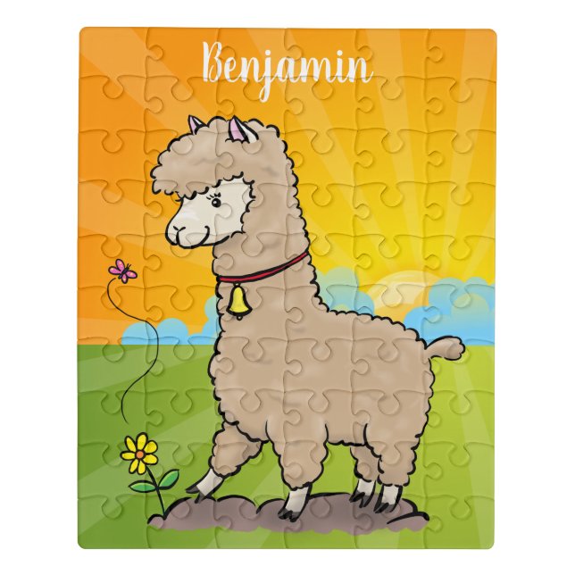 Cute happy alpaca with butterfly cartoon jigsaw puzzle (Puzzle Vertical)