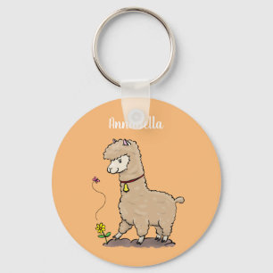 Cute happy alpaca with butterfly cartoon keychain