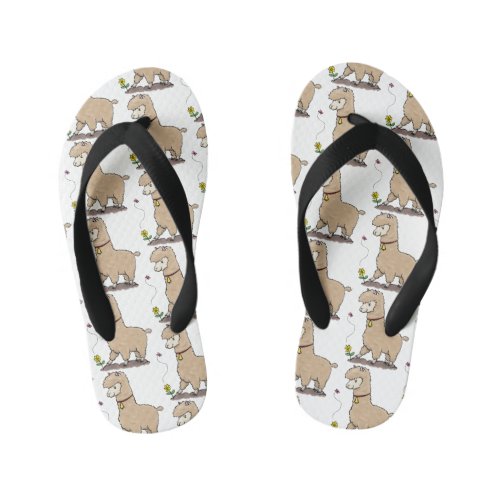 Cute happy alpaca with butterfly cartoon kids flip flops