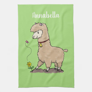 Cute happy alpaca with butterfly cartoon kitchen towel