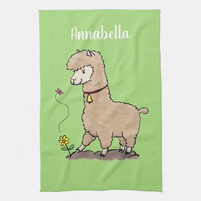 Cute happy alpaca with butterfly cartoon kitchen towel (Vertical)