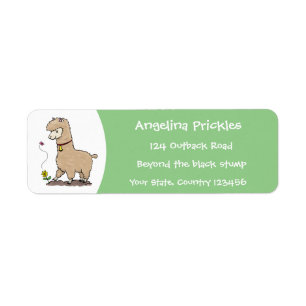 Cute happy alpaca with butterfly cartoon label