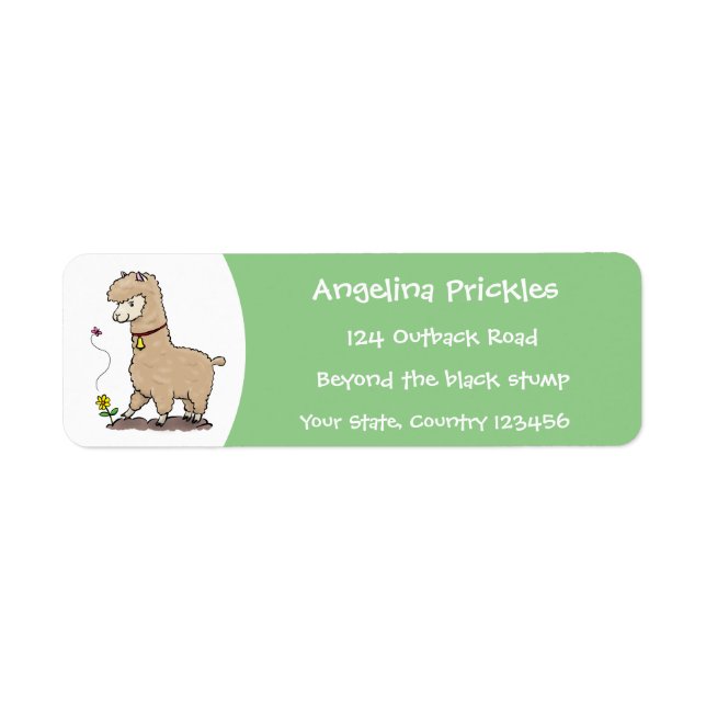 Cute happy alpaca with butterfly cartoon label (Front)