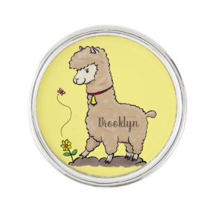 Cute happy alpaca with butterfly cartoon lapel pin