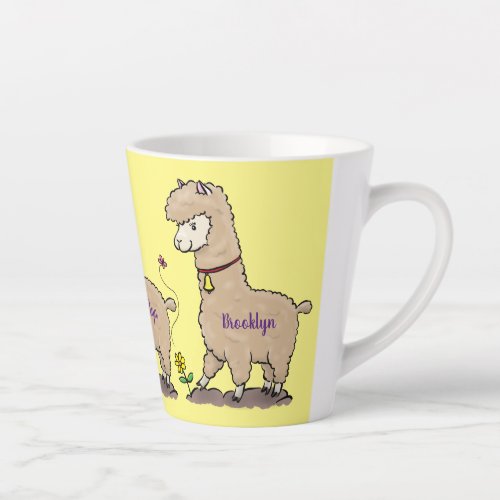 Cute happy alpaca with butterfly cartoon latte mug