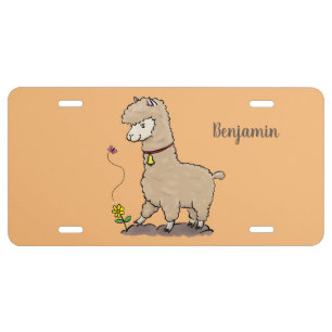 Cute happy alpaca with butterfly cartoon license plate