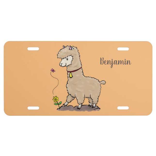 Cute happy alpaca with butterfly cartoon  license plate (Front)