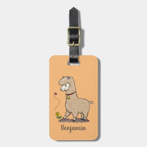 Cute happy alpaca with butterfly cartoon luggage tag