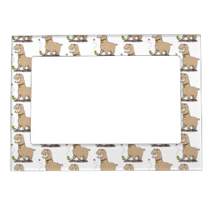 Cute happy alpaca with butterfly cartoon magnetic frame