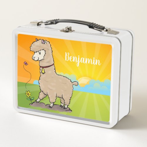 Cute happy alpaca with butterfly cartoon metal lunch box