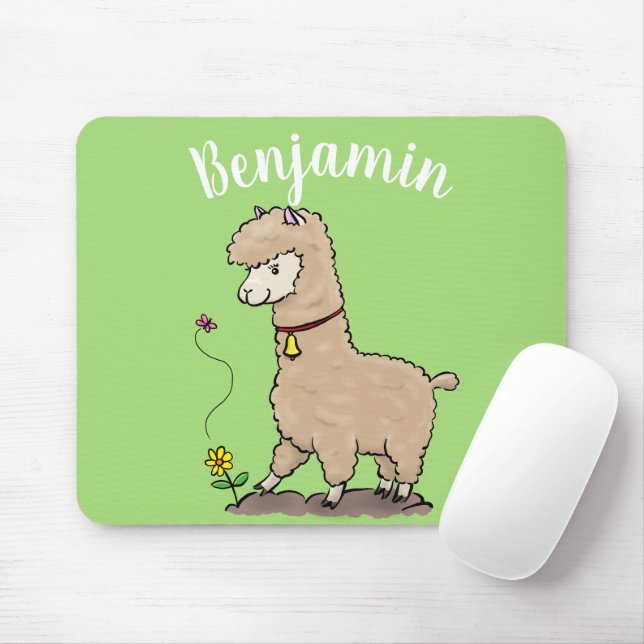 Cute happy alpaca with butterfly cartoon mouse pad (With Mouse)