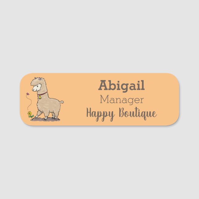 Cute happy alpaca with butterfly cartoon name tag (Front)