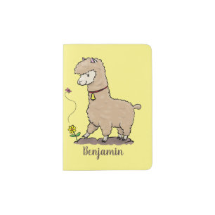 Cute happy alpaca with butterfly cartoon passport holder