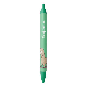 Cute happy alpaca with butterfly cartoon pen