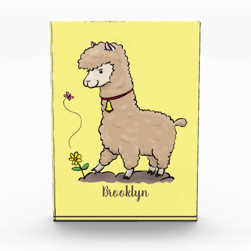 Cute happy alpaca with butterfly cartoon photo block