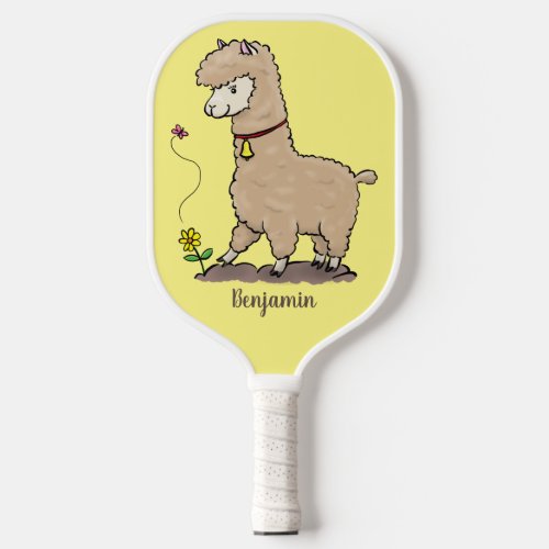 Cute happy alpaca with butterfly cartoon  pickleball paddle