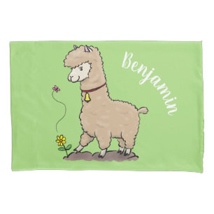 Cute happy alpaca with butterfly cartoon pillow case