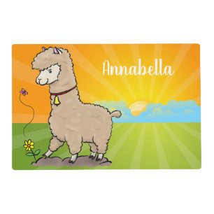 Cute happy alpaca with butterfly cartoon placemat