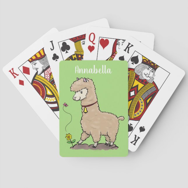 Cute happy alpaca with butterfly cartoon poker cards (Back)