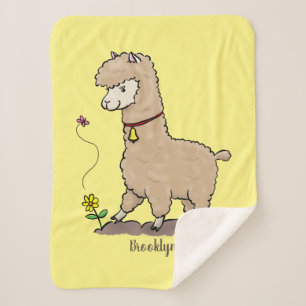 Cute happy alpaca with butterfly cartoon  sherpa blanket