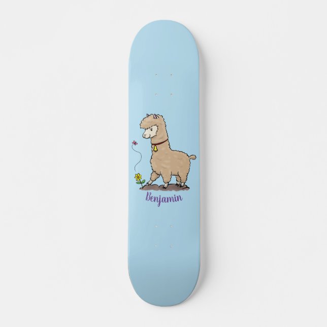Cute happy alpaca with butterfly cartoon skateboard (Front)