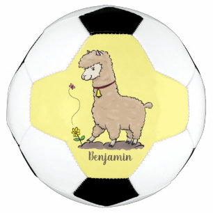 Cute happy alpaca with butterfly cartoon soccer ball