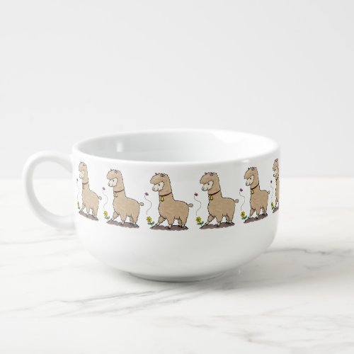 Cute happy alpaca with butterfly cartoon soup mug