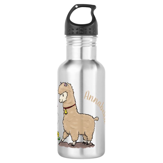 Cute happy alpaca with butterfly cartoon stainless steel water bottle (Front)
