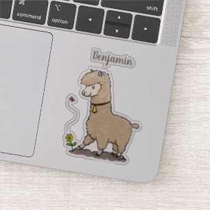 Cute happy alpaca with butterfly cartoon sticker