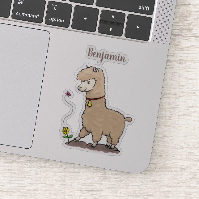 Cute happy alpaca with butterfly cartoon sticker (Detail)