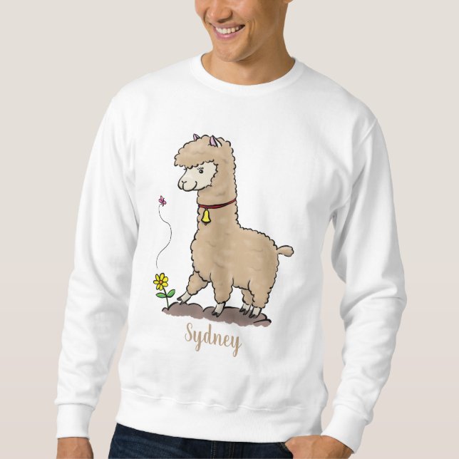 Cute happy alpaca with butterfly cartoon sweatshirt (Front)