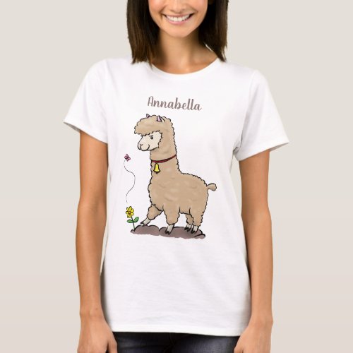 Cute happy alpaca with butterfly cartoon T_Shirt