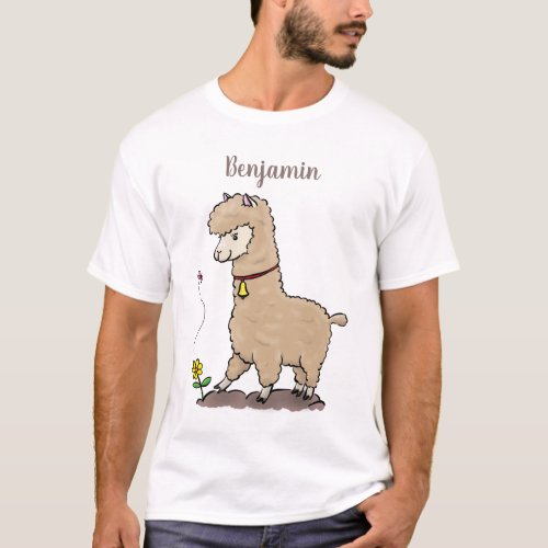 Cute happy alpaca with butterfly cartoon T_Shirt