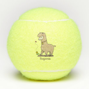 Cute happy alpaca with butterfly cartoon tennis balls