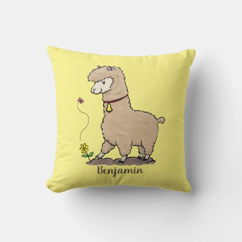 Cute happy alpaca with butterfly cartoon throw pillow