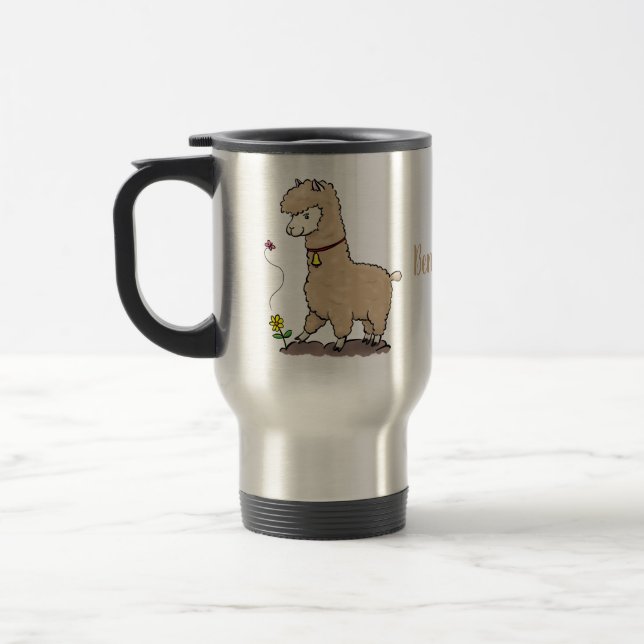 Cute happy alpaca with butterfly cartoon travel mug (Left)