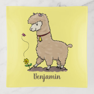Cute happy alpaca with butterfly cartoon trinket tray