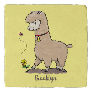 Cute happy alpaca with butterfly cartoon trivet
