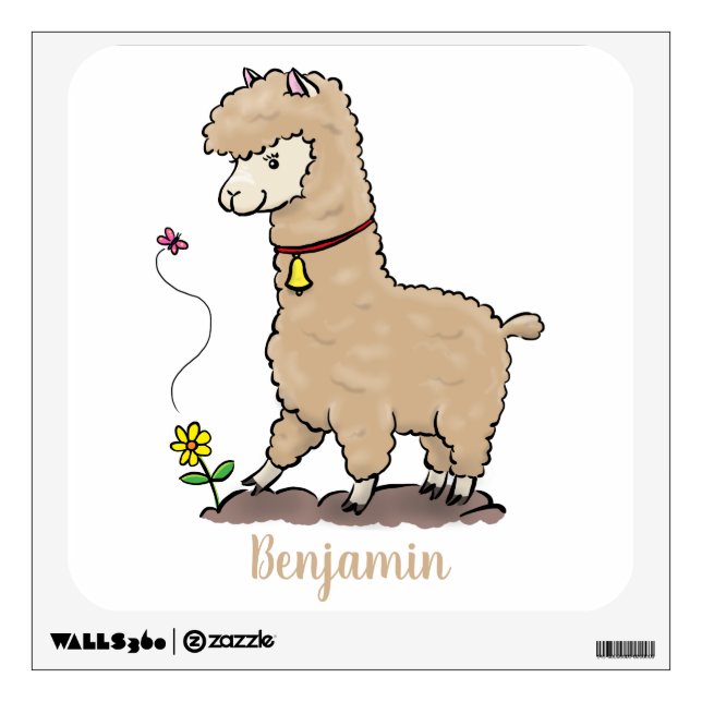 Cute happy alpaca with butterfly cartoon wall decal (Front)
