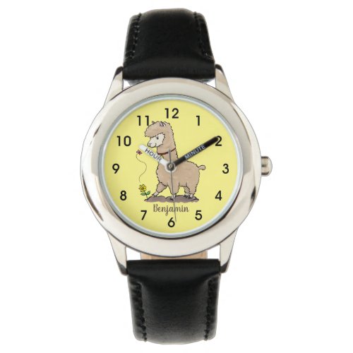 Cute happy alpaca with butterfly cartoon watch