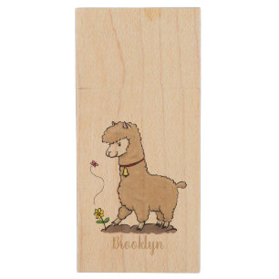 Cute happy alpaca with butterfly cartoon wood flash drive