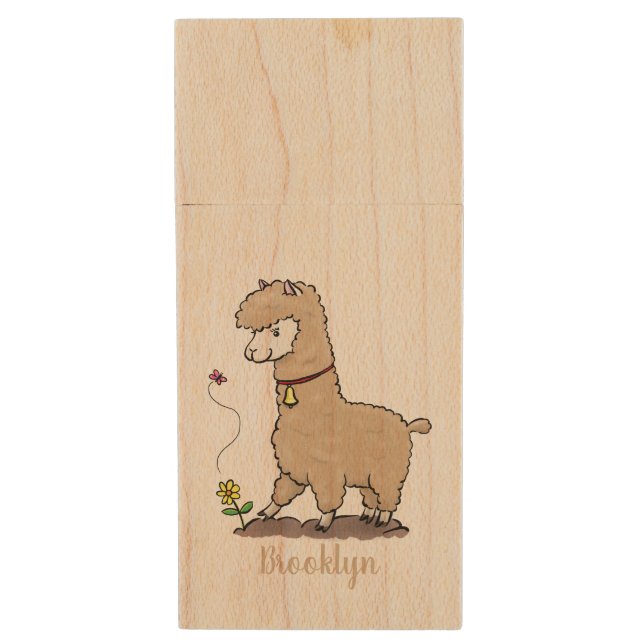Cute happy alpaca with butterfly cartoon wood flash drive (Front Vertical)